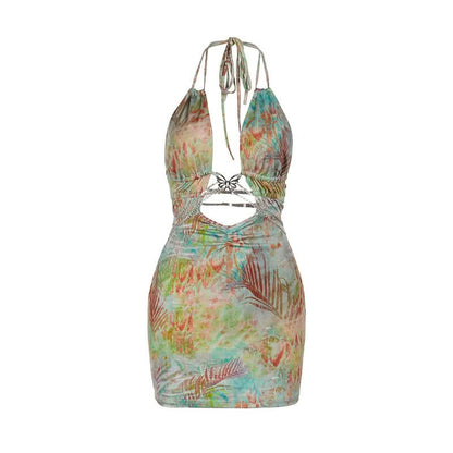 Halter self tie metal chain print hollow out mini dress