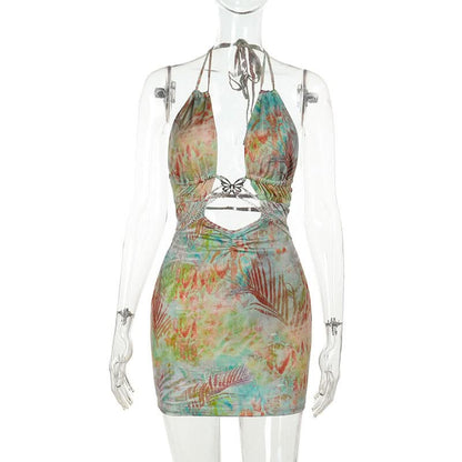 Halter self tie metal chain print hollow out mini dress