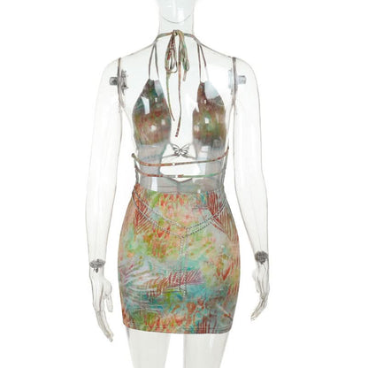 Halter self tie metal chain print hollow out mini dress