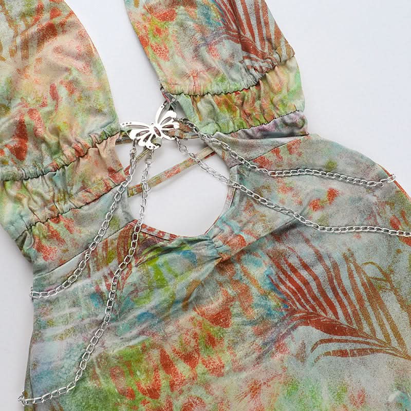 Halter self tie metal chain print hollow out mini dress
