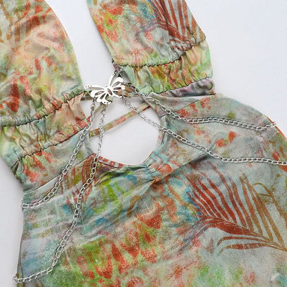 Halter self tie metal chain print hollow out mini dress