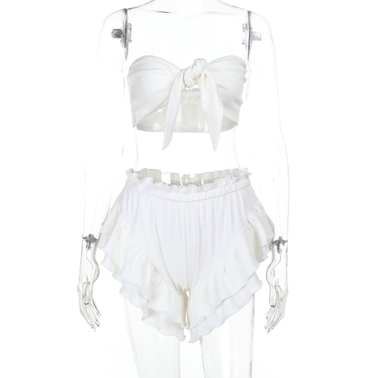 Knotted ruffle ruched solid tube pant set