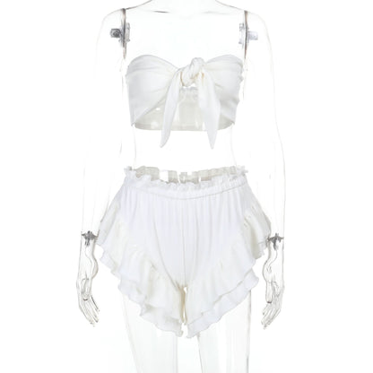 Knotted ruffle ruched solid tube pant set