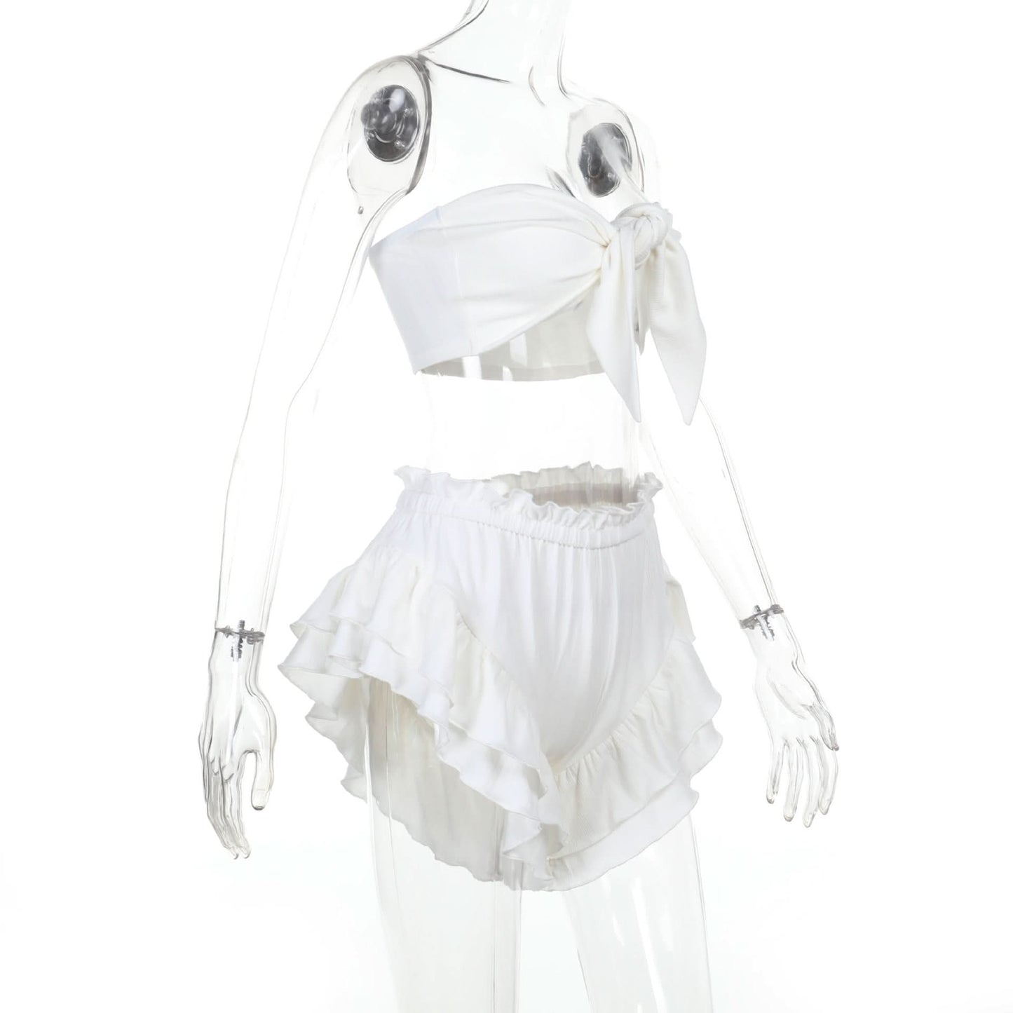 Knotted ruffle ruched solid tube pant set