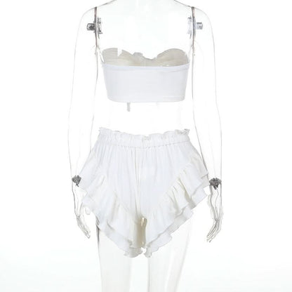 Knotted ruffle ruched solid tube pant set