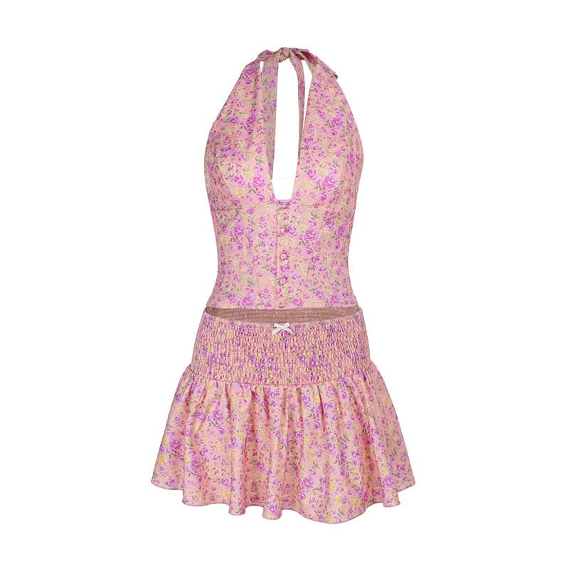 Halter self tie bowknot smocked print mini skirt set