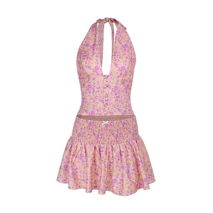 Halter self tie bowknot smocked print mini skirt set
