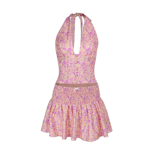 Halter self tie bowknot smocked print mini skirt set