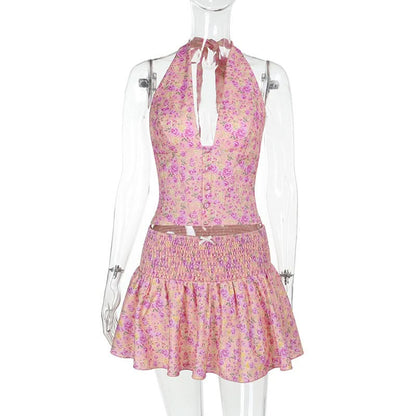 Halter self tie bowknot smocked print mini skirt set