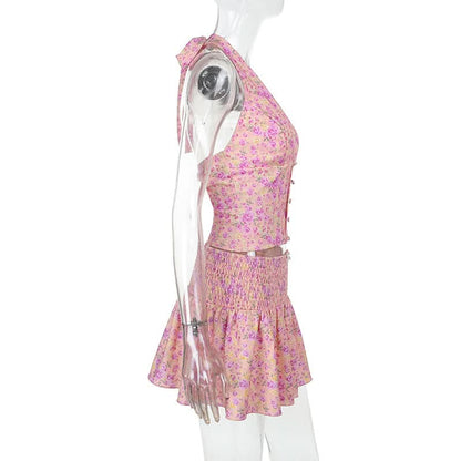 Halter self tie bowknot smocked print mini skirt set