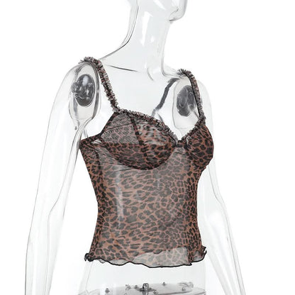 Leopard print v neck sheer mesh ruffle top