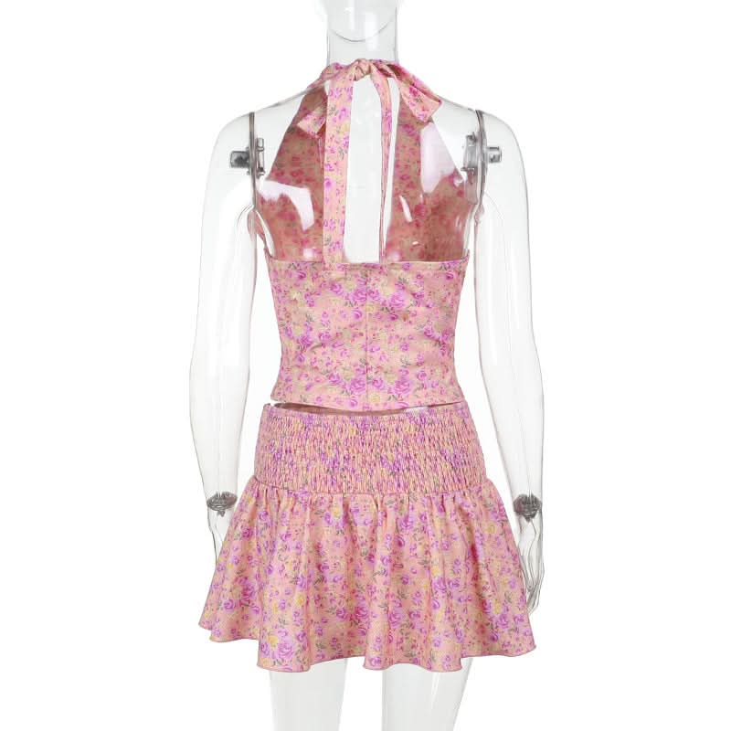 Halter self tie bowknot smocked print mini skirt set