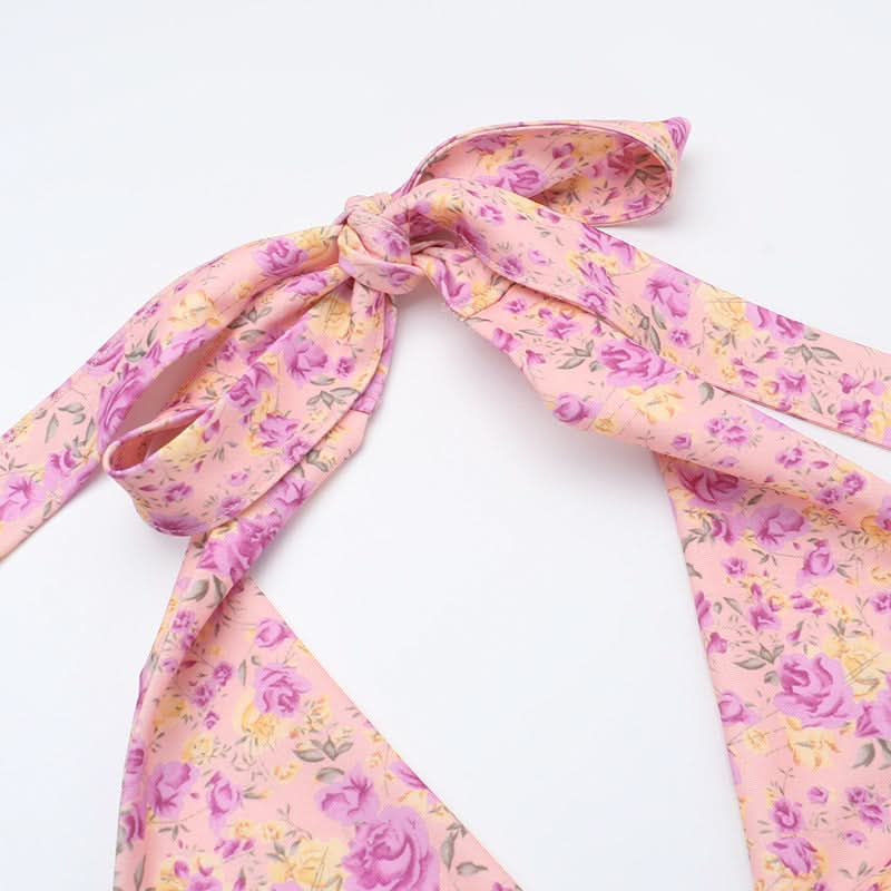 Halter self tie bowknot smocked print mini skirt set