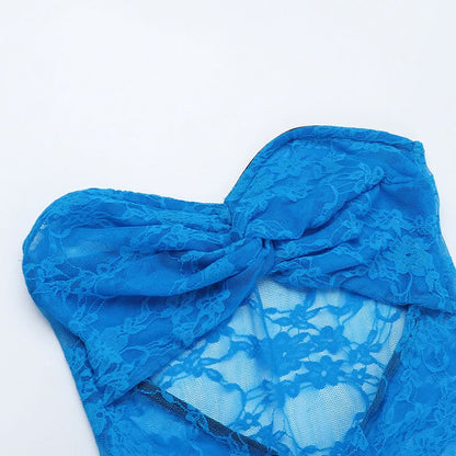 Slit hollow out lace ruched tube maxi dress