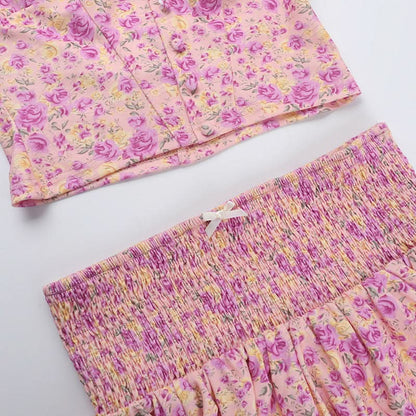 Halter self tie bowknot smocked print mini skirt set