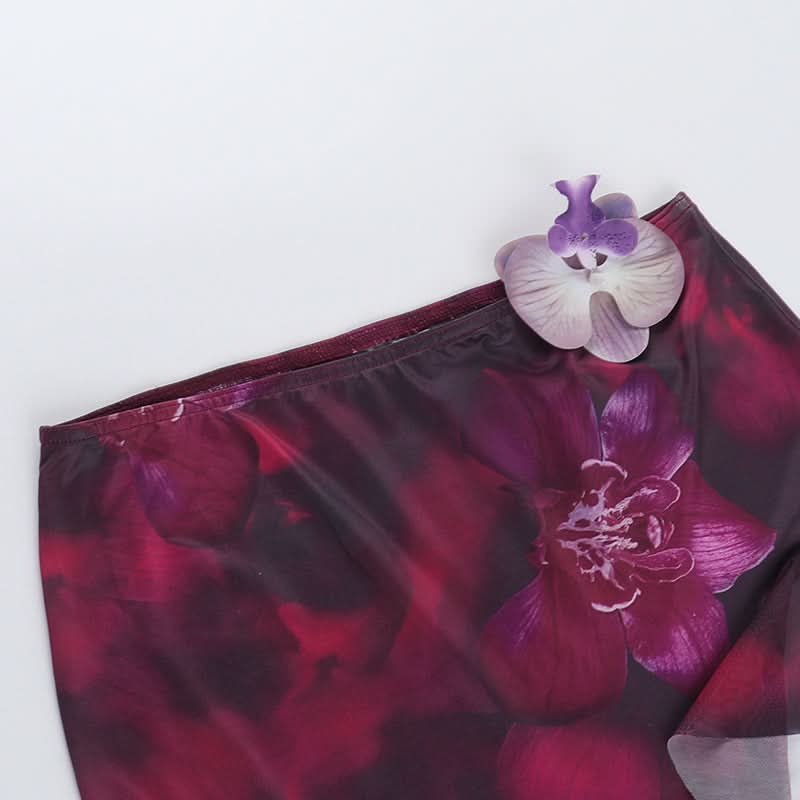 Irregular v neck flower print ruffle slit midi skirt set