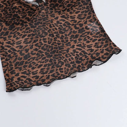 Leopard print v neck sheer mesh ruffle top