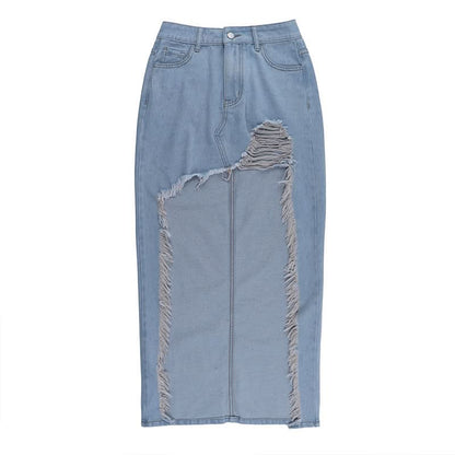 Raw hem button pocket denim mini skirt