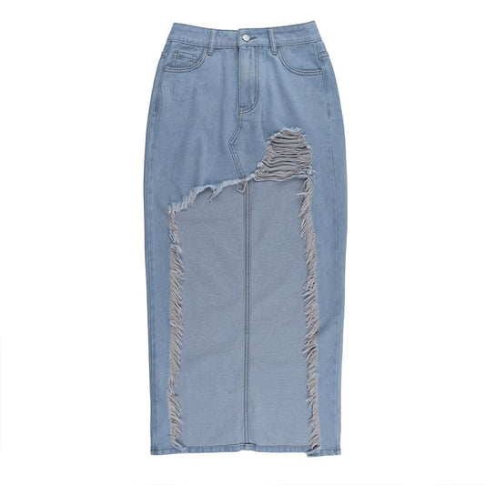 Raw hem button pocket denim mini skirt