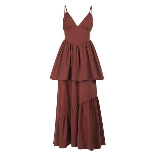 Ruched deep V neck smocked cami maxi dress