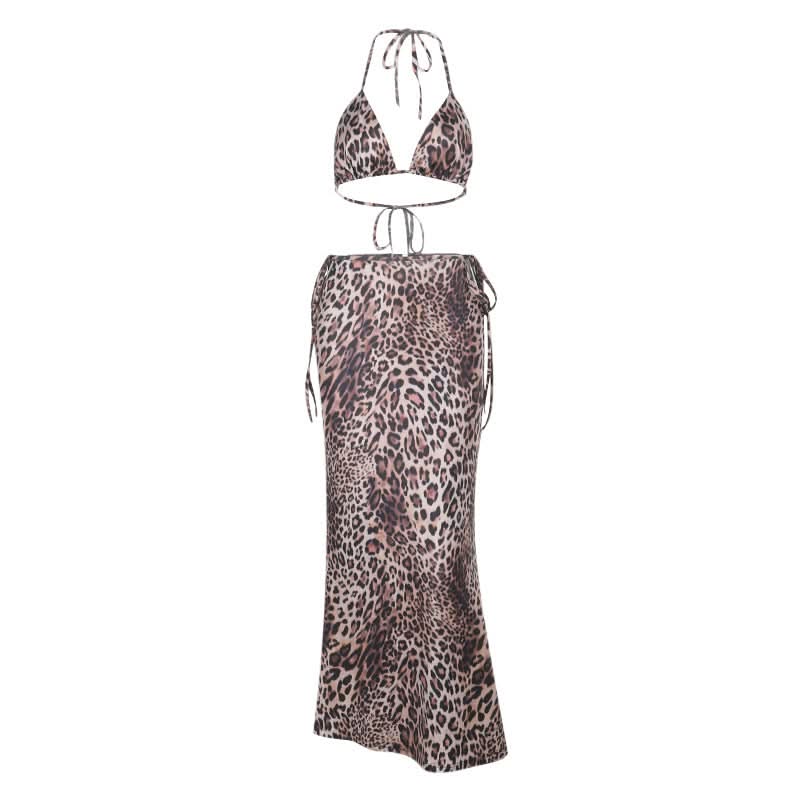 Leopard print self tie halter v neck maxi skirt set