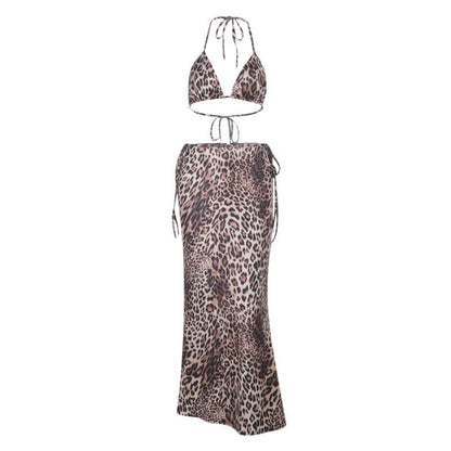 Leopard print self tie halter v neck maxi skirt set