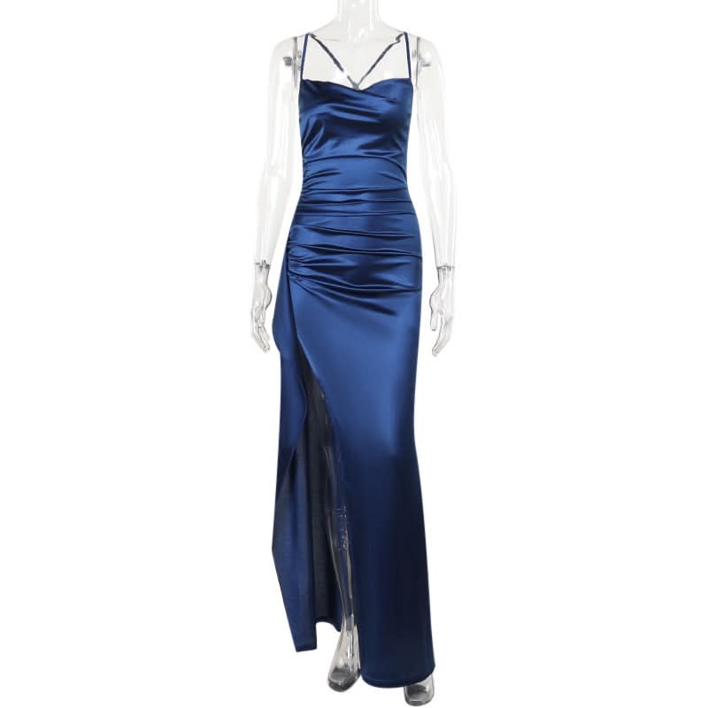 Zip-up satin slit v neck ruched cami maxi dress