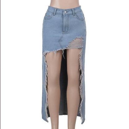 Raw hem button pocket denim mini skirt