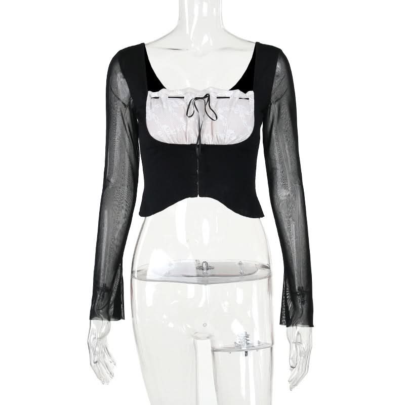 Long sleeve lace ruched self tie crop top
