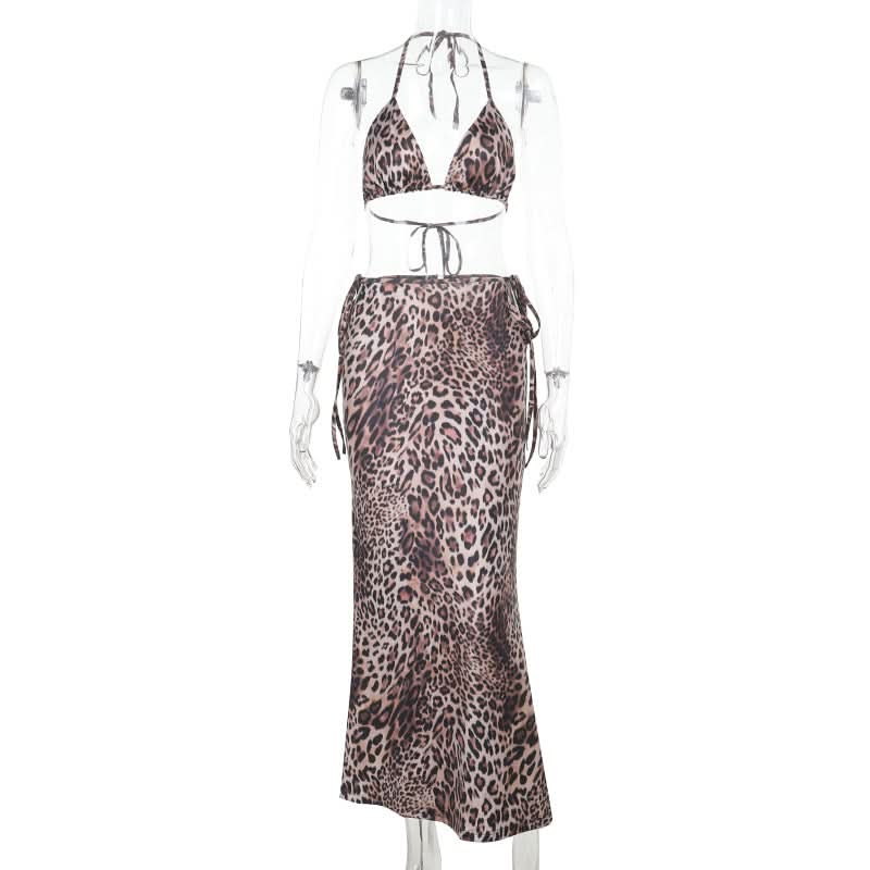 Leopard print self tie halter v neck maxi skirt set