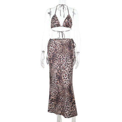 Leopard print self tie halter v neck maxi skirt set