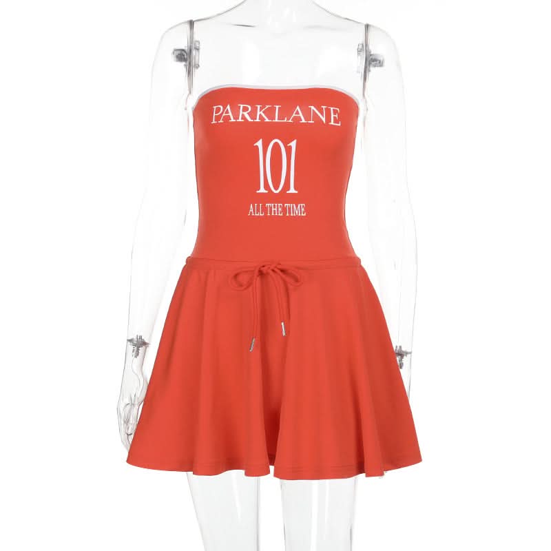Self tie letter pattern backless tube mini dress