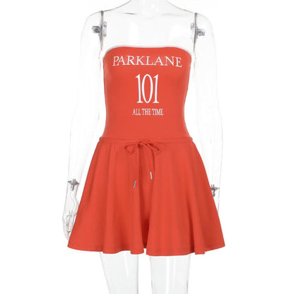 Self tie letter pattern backless tube mini dress