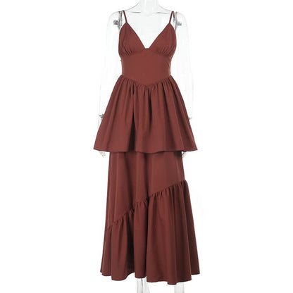 Ruched deep V neck smocked cami maxi dress