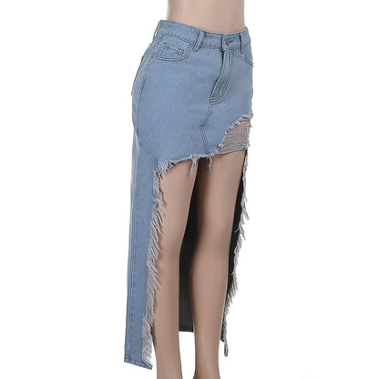 Raw hem button pocket denim mini skirt