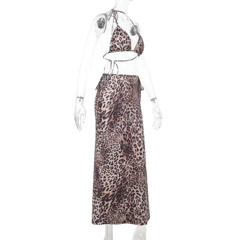 Leopard print self tie halter v neck maxi skirt set