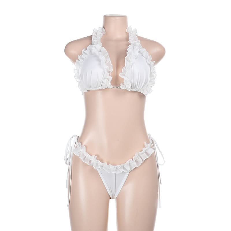 Ruffle self tie halter backless solid pant set