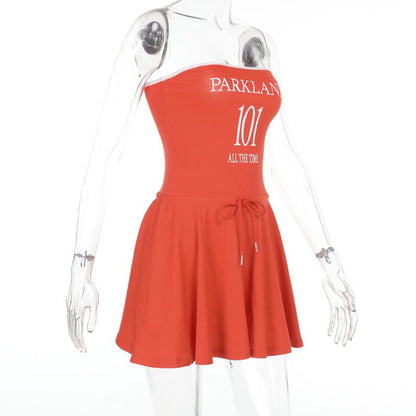Self tie letter pattern backless tube mini dress