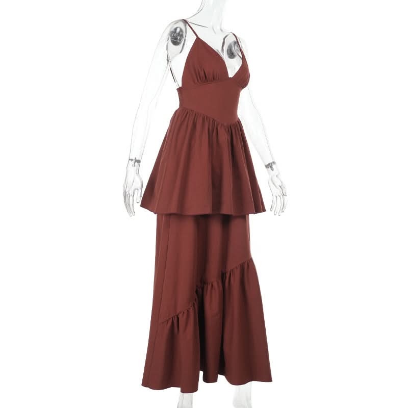 Ruched deep V neck smocked cami maxi dress