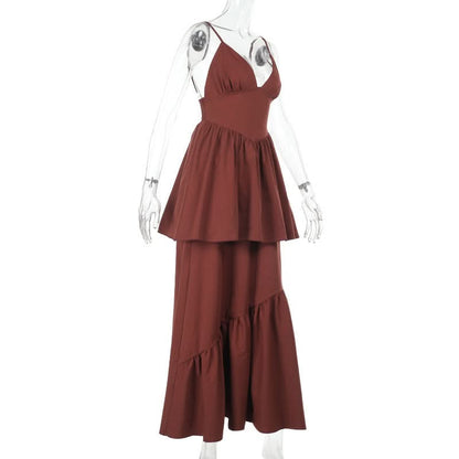 Ruched deep V neck smocked cami maxi dress