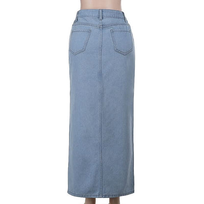 Raw hem button pocket denim mini skirt