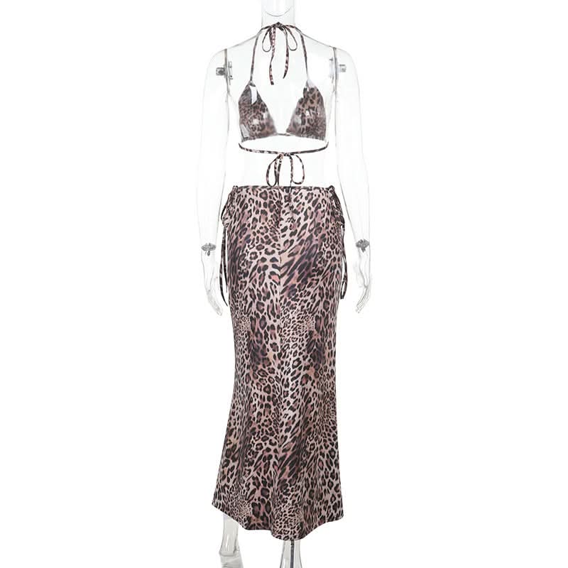 Leopard print self tie halter v neck maxi skirt set