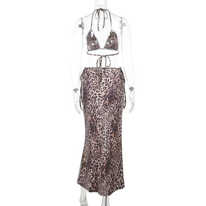 Leopard print self tie halter v neck maxi skirt set
