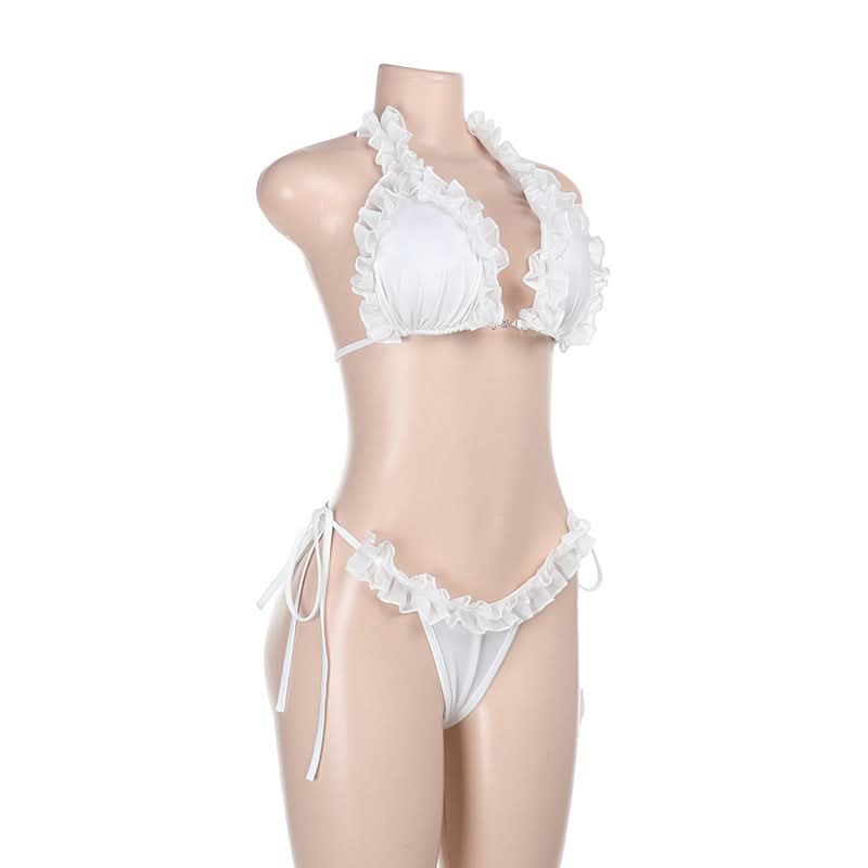 Ruffle self tie halter backless solid pant set