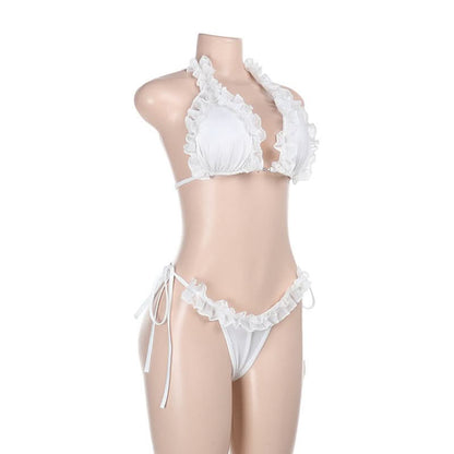 Ruffle self tie halter backless solid pant set