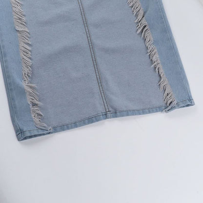 Raw hem button pocket denim mini skirt