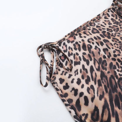 Leopard print self tie halter v neck maxi skirt set