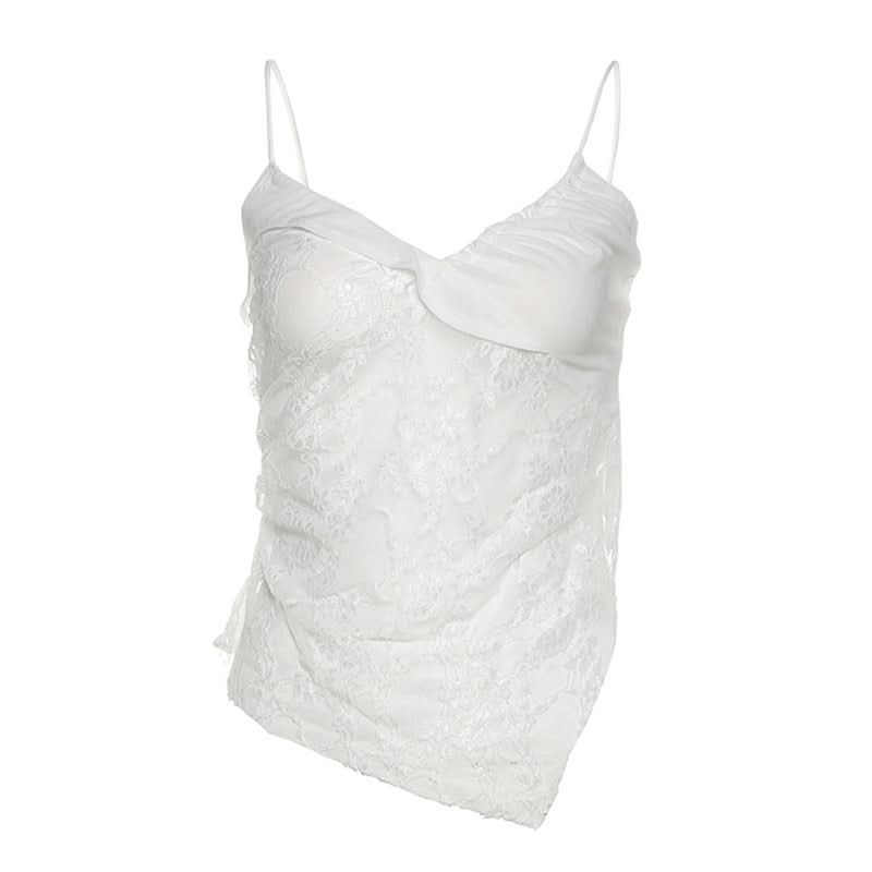 Lace v neck ruched irregular spaghetti strap top