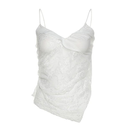 Lace v neck ruched irregular spaghetti strap top