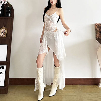 Irregular lace self tie solid mini skirt